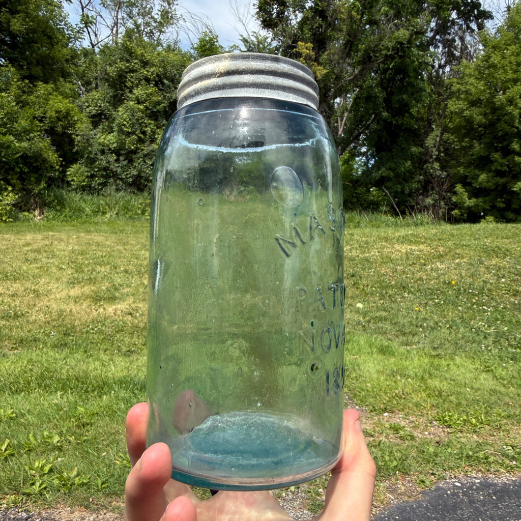 Antique Blue Aqua Mason Jar Patent 1858 Quart W/ Lid #152 Nice Bubbles
