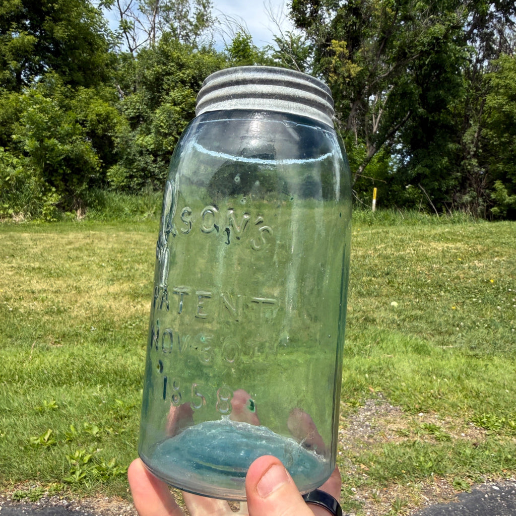 Antique Blue Aqua Mason Jar Patent 1858 Quart W/ Lid #152 Nice Bubbles