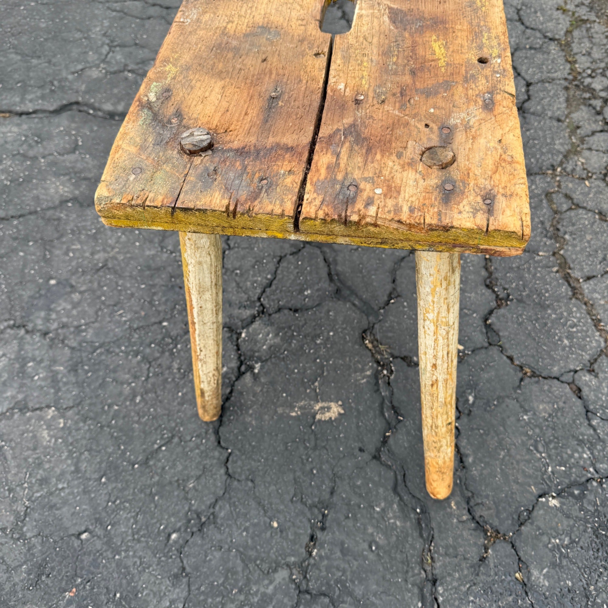 Antique Primitive 19th c. Farm Milking Stool Wooden Distressed Paint AAFA Folk