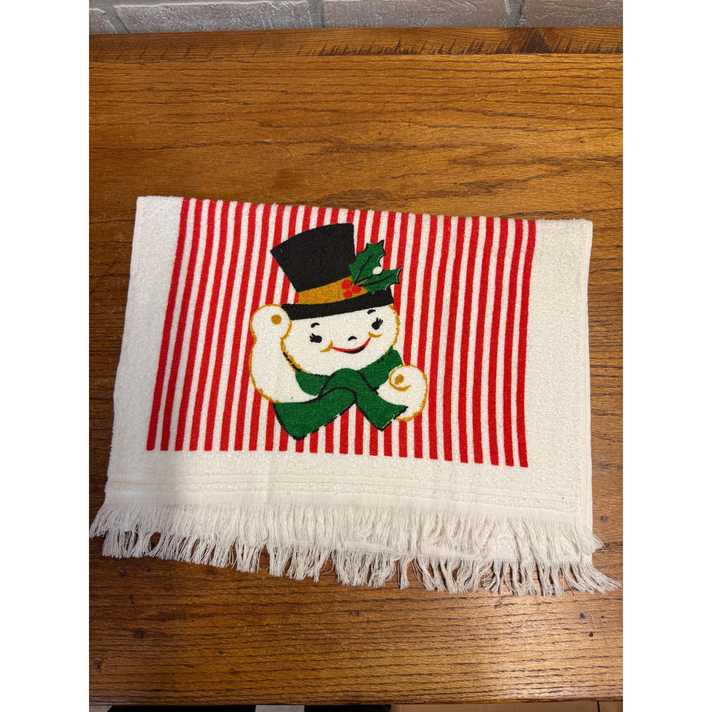 VTG CANNON Christmas Kitsch Candy Cane Stripe Snowman & Santa Kitchen/Tea Towel