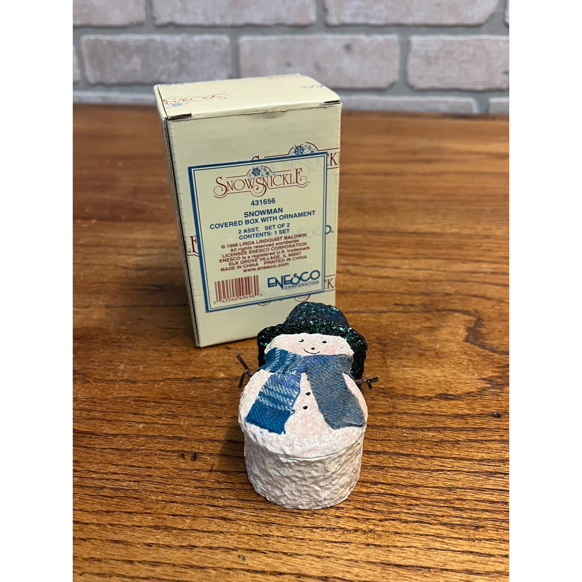 1998 Enesco Linda Baldwin Snowsnickle Christmas Snowman Trinket Box + Ornament