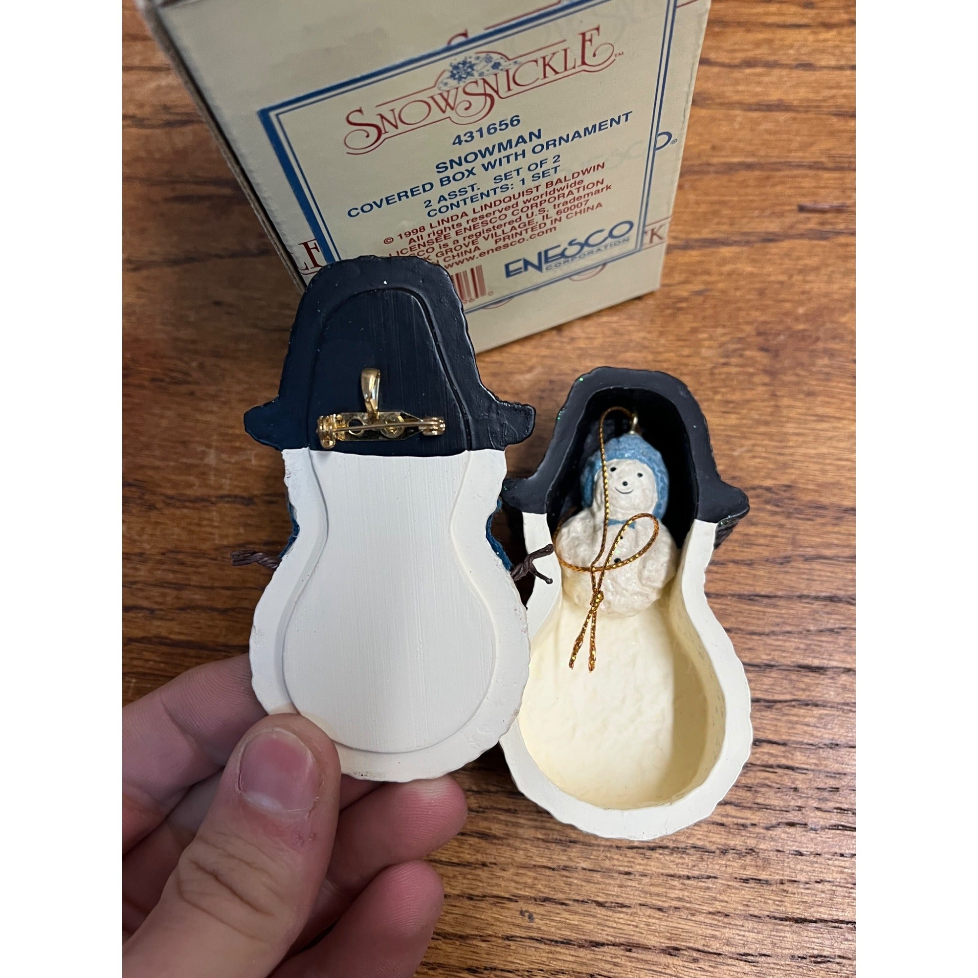 1998 Enesco Linda Baldwin Snowsnickle Christmas Snowman Trinket Box + Ornament