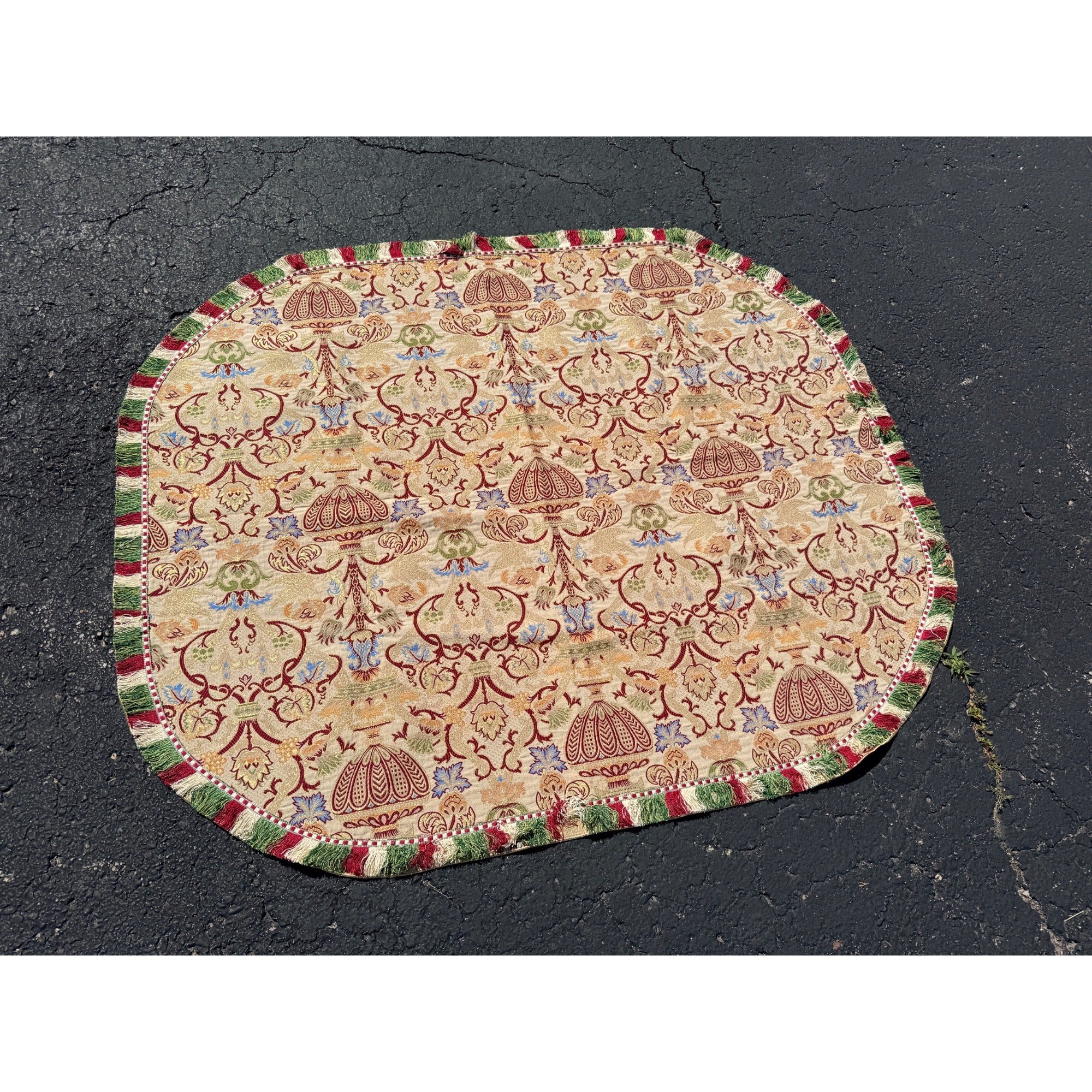 Antique Victorian Jacquard Woven Table Cover Piano Scarf Fringe Floral 46.5x56"