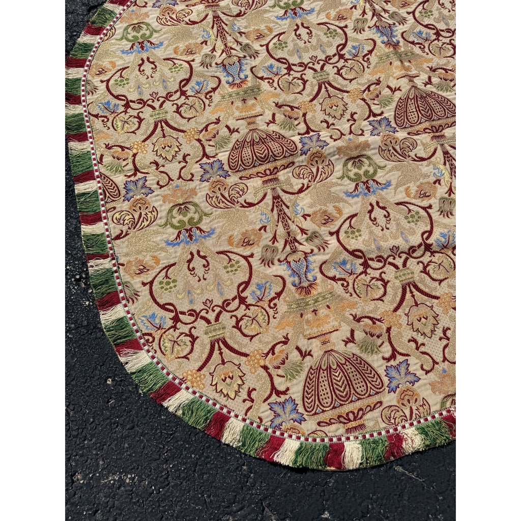 Antique Victorian Jacquard Woven Table Cover Piano Scarf Fringe Floral 46.5x56"