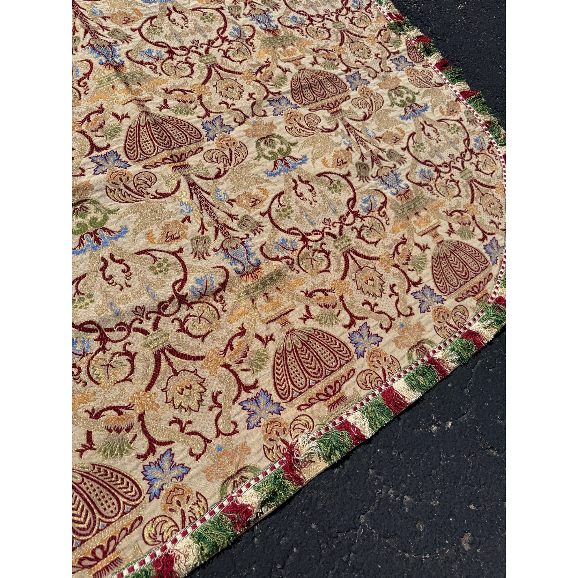 Antique Victorian Jacquard Woven Table Cover Piano Scarf Fringe Floral 46.5x56"