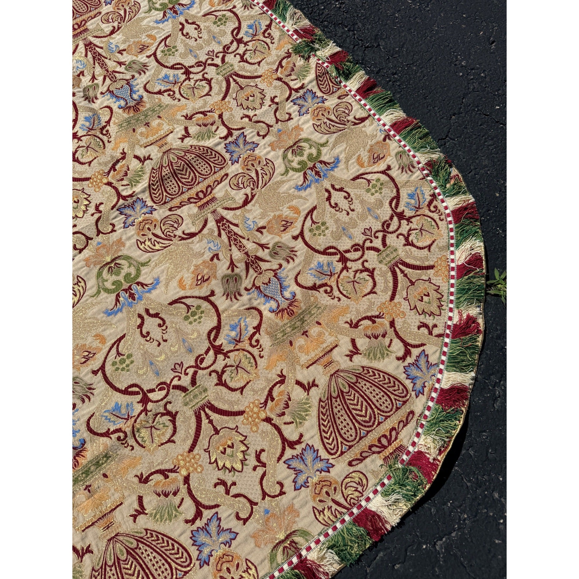 Antique Victorian Jacquard Woven Table Cover Piano Scarf Fringe Floral 46.5x56"