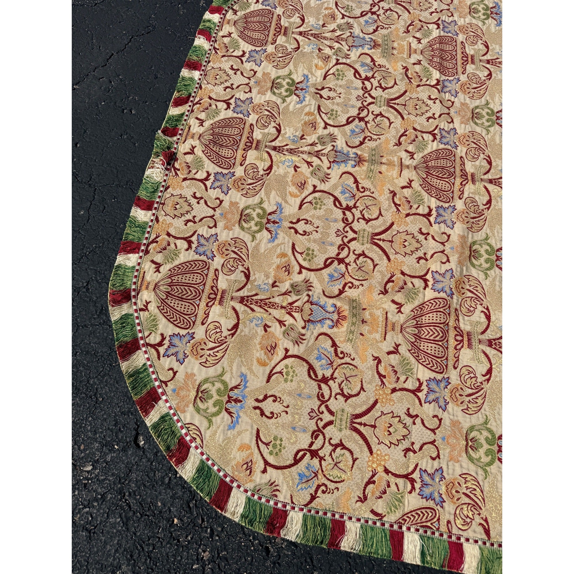 Antique Victorian Jacquard Woven Table Cover Piano Scarf Fringe Floral 46.5x56"