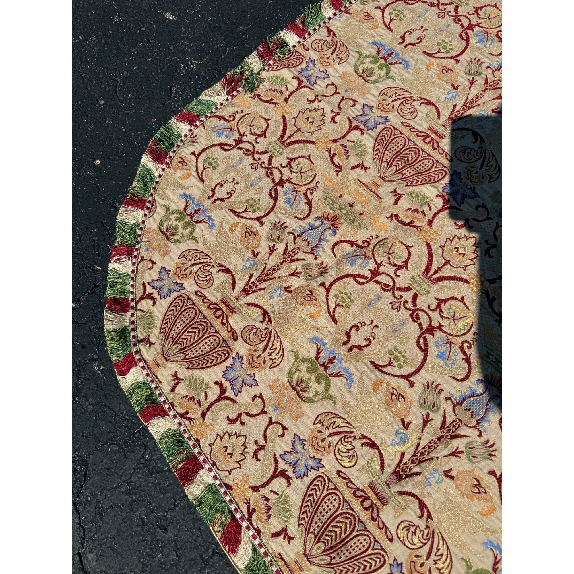 Antique Victorian Jacquard Woven Table Cover Piano Scarf Fringe Floral 46.5x56"