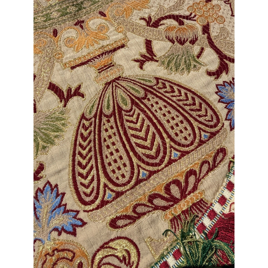 Antique Victorian Jacquard Woven Table Cover Piano Scarf Fringe Floral 46.5x56"
