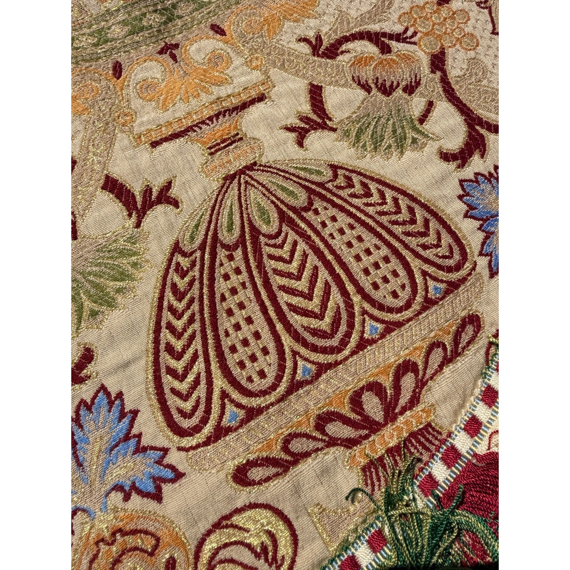 Antique Victorian Jacquard Woven Table Cover Piano Scarf Fringe Floral 46.5x56"