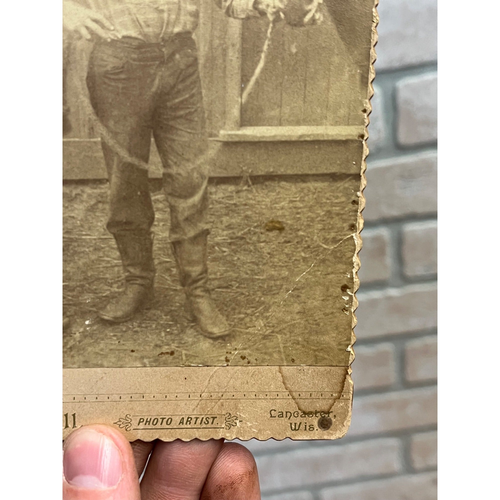 Antique 1880s Cabinet Photo Ranchers w/ Donkey Mule Lancaster Wis Van De Wall