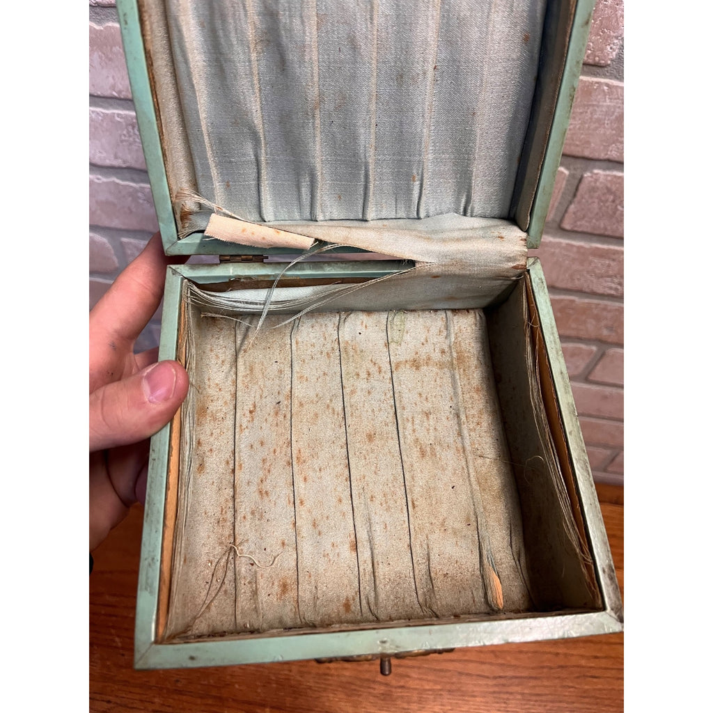 Antique Vintage Celluloid Hankies Dresser Box Light Green Handkerchiefs Victorian