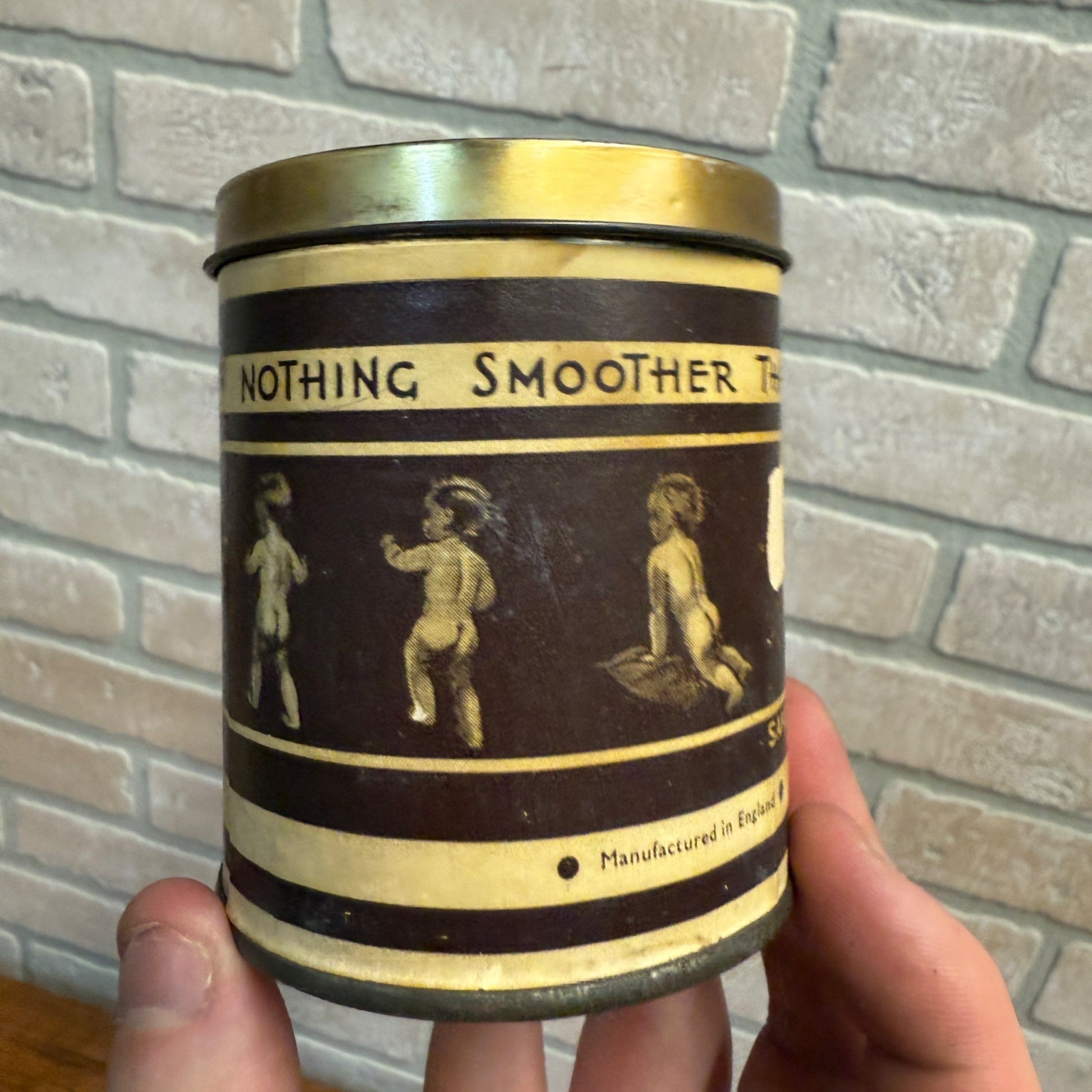 Vintage 1920s Baby's Bottom Tobacco Paper Label Can Advertising Litho Tin