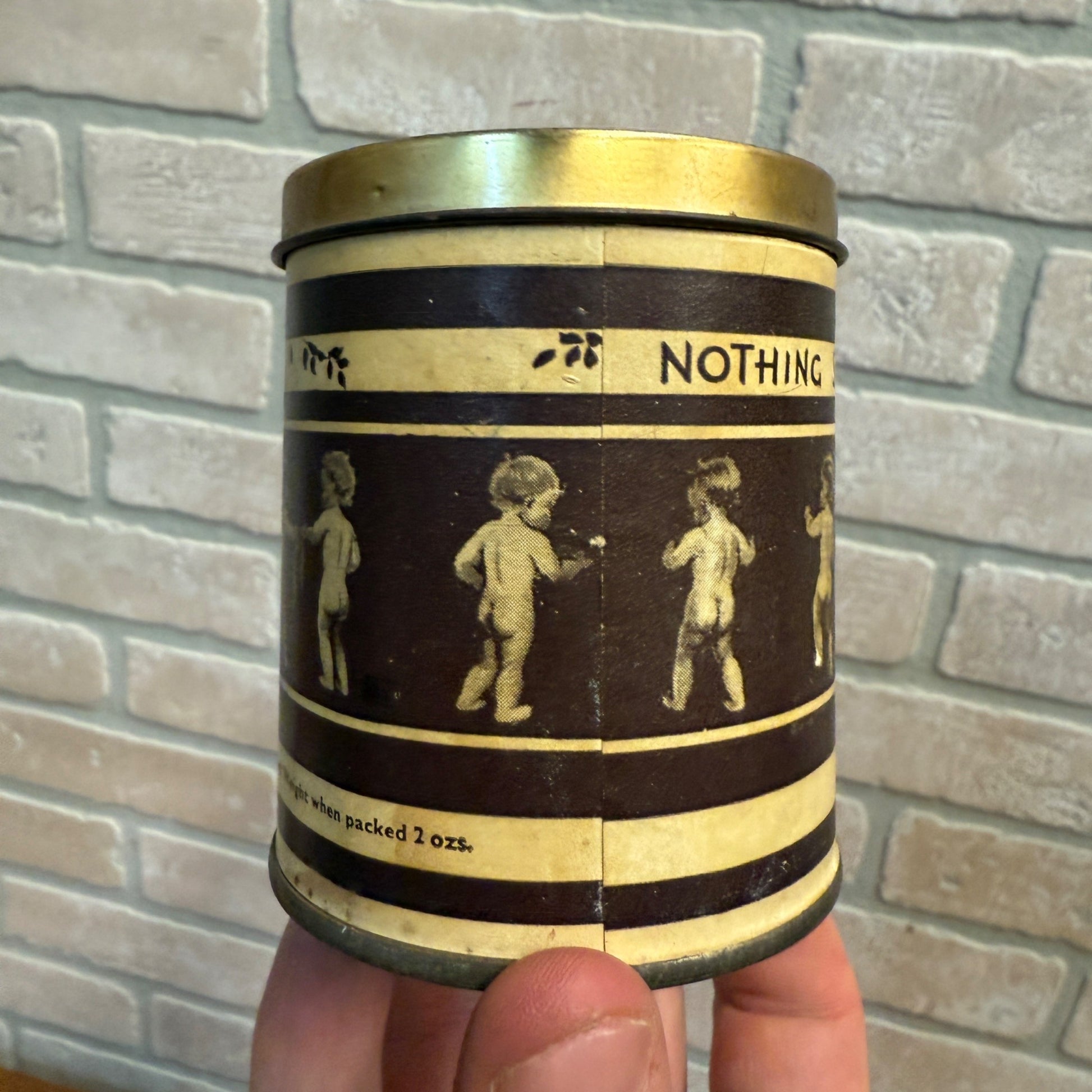 Vintage 1920s Baby's Bottom Tobacco Paper Label Can Advertising Litho Tin