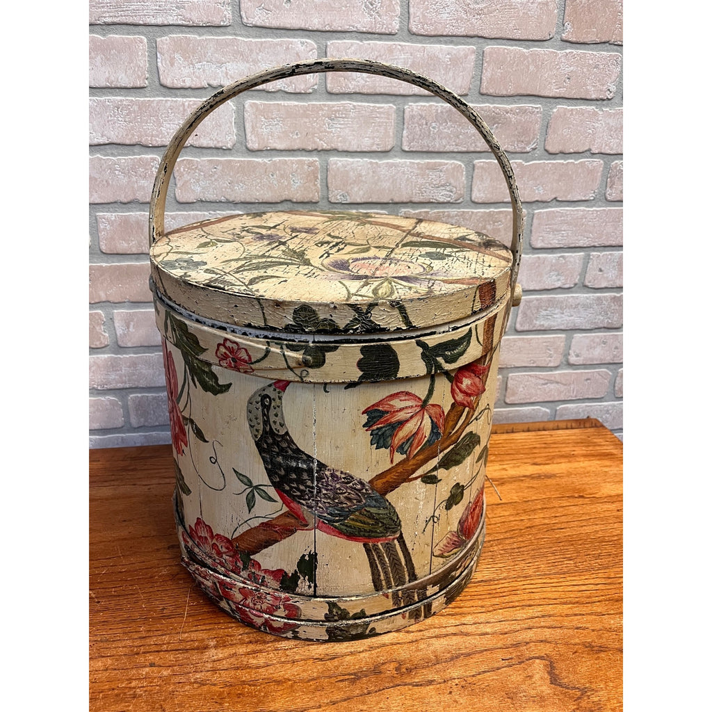 Antique 19th C Wood Firkin Hand Painted Bird Floral Folk Art Sewing Basket AAFA