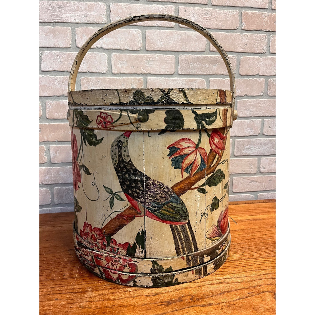 Antique 19th C Wood Firkin Hand Painted Bird Floral Folk Art Sewing Basket AAFA