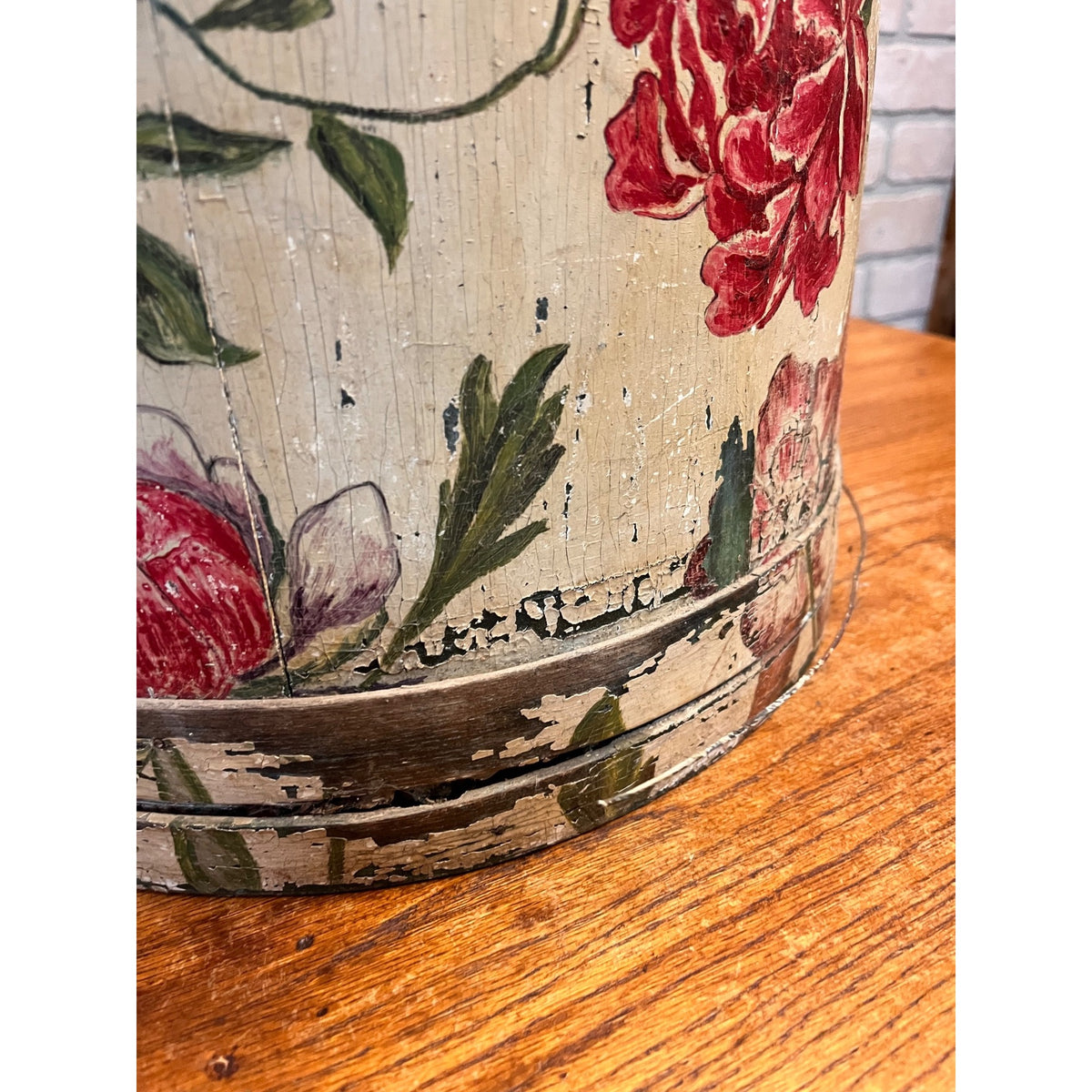 Antique 19th C Wood Firkin Hand Painted Bird Floral Folk Art Sewing Basket AAFA
