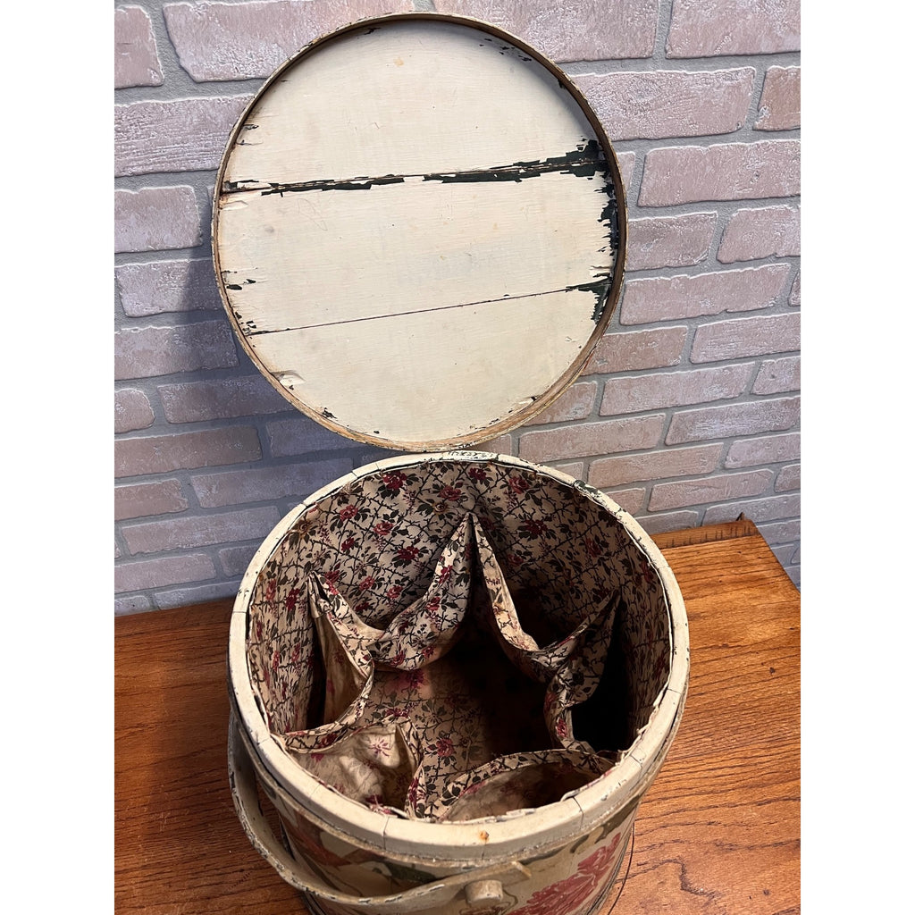 Antique 19th C Wood Firkin Hand Painted Bird Floral Folk Art Sewing Basket AAFA