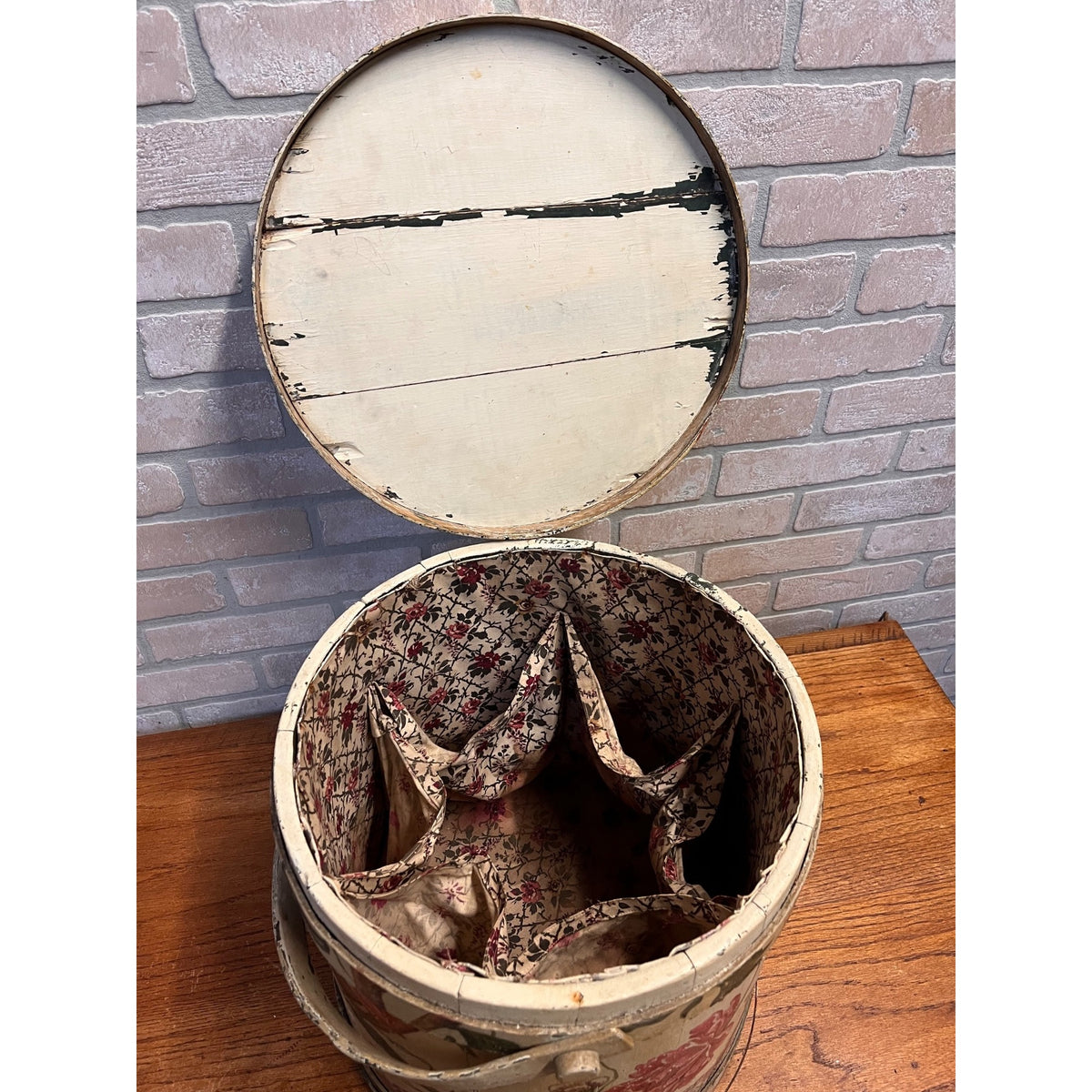 Antique 19th C Wood Firkin Hand Painted Bird Floral Folk Art Sewing Basket AAFA