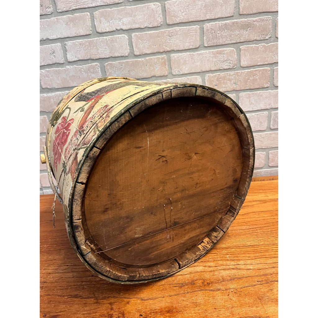 Antique 19th C Wood Firkin Hand Painted Bird Floral Folk Art Sewing Basket AAFA