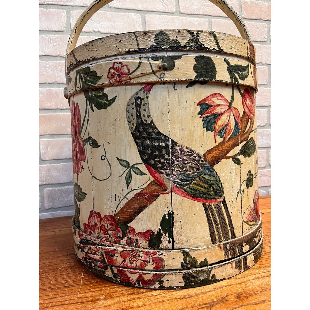 Antique 19th C Wood Firkin Hand Painted Bird Floral Folk Art Sewing Basket AAFA