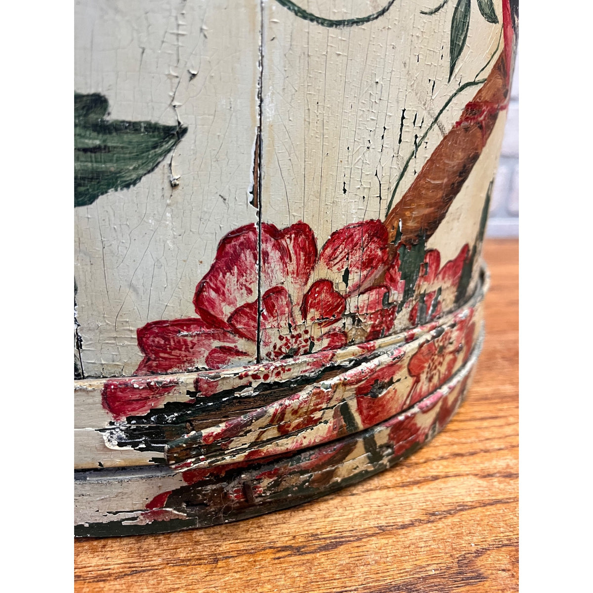 Antique 19th C Wood Firkin Hand Painted Bird Floral Folk Art Sewing Basket AAFA