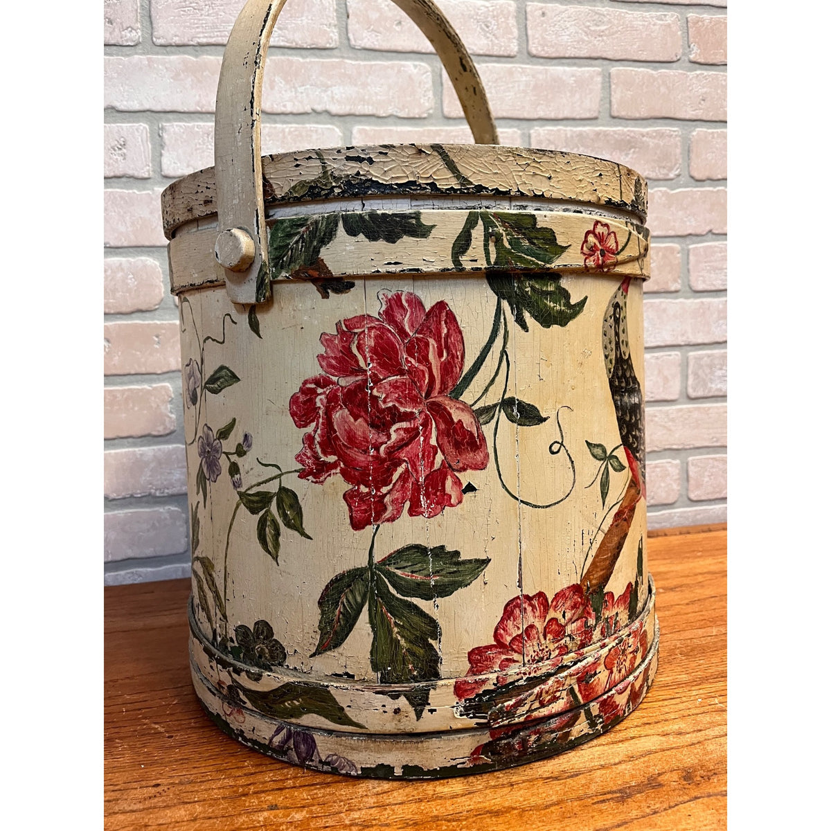 Antique 19th C Wood Firkin Hand Painted Bird Floral Folk Art Sewing Basket AAFA