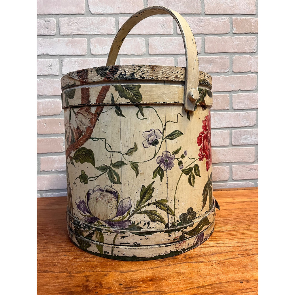 Antique 19th C Wood Firkin Hand Painted Bird Floral Folk Art Sewing Basket AAFA