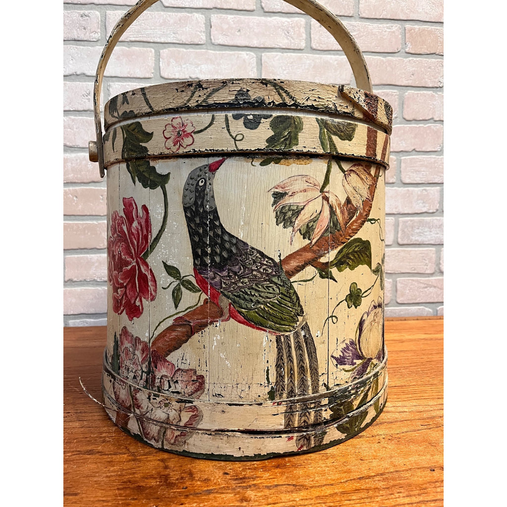 Antique 19th C Wood Firkin Hand Painted Bird Floral Folk Art Sewing Basket AAFA
