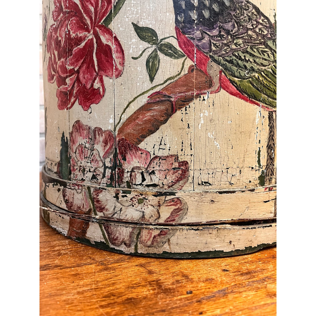 Antique 19th C Wood Firkin Hand Painted Bird Floral Folk Art Sewing Basket AAFA
