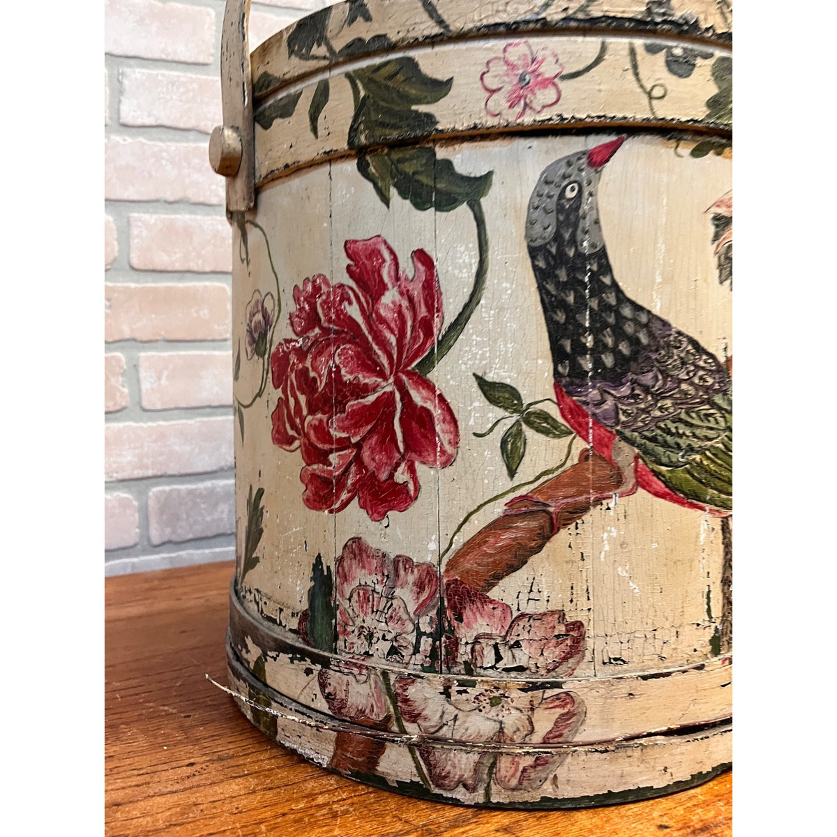 Antique 19th C Wood Firkin Hand Painted Bird Floral Folk Art Sewing Basket AAFA