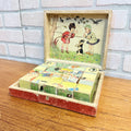Antique Victorian Lithograph 6-View Picture Wooden Toy Blocks Puzzle in Wood Box