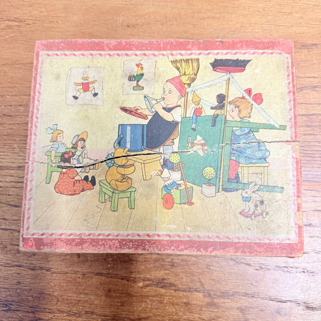 Antique Victorian Lithograph 6-View Picture Wooden Toy Blocks Puzzle in Wood Box