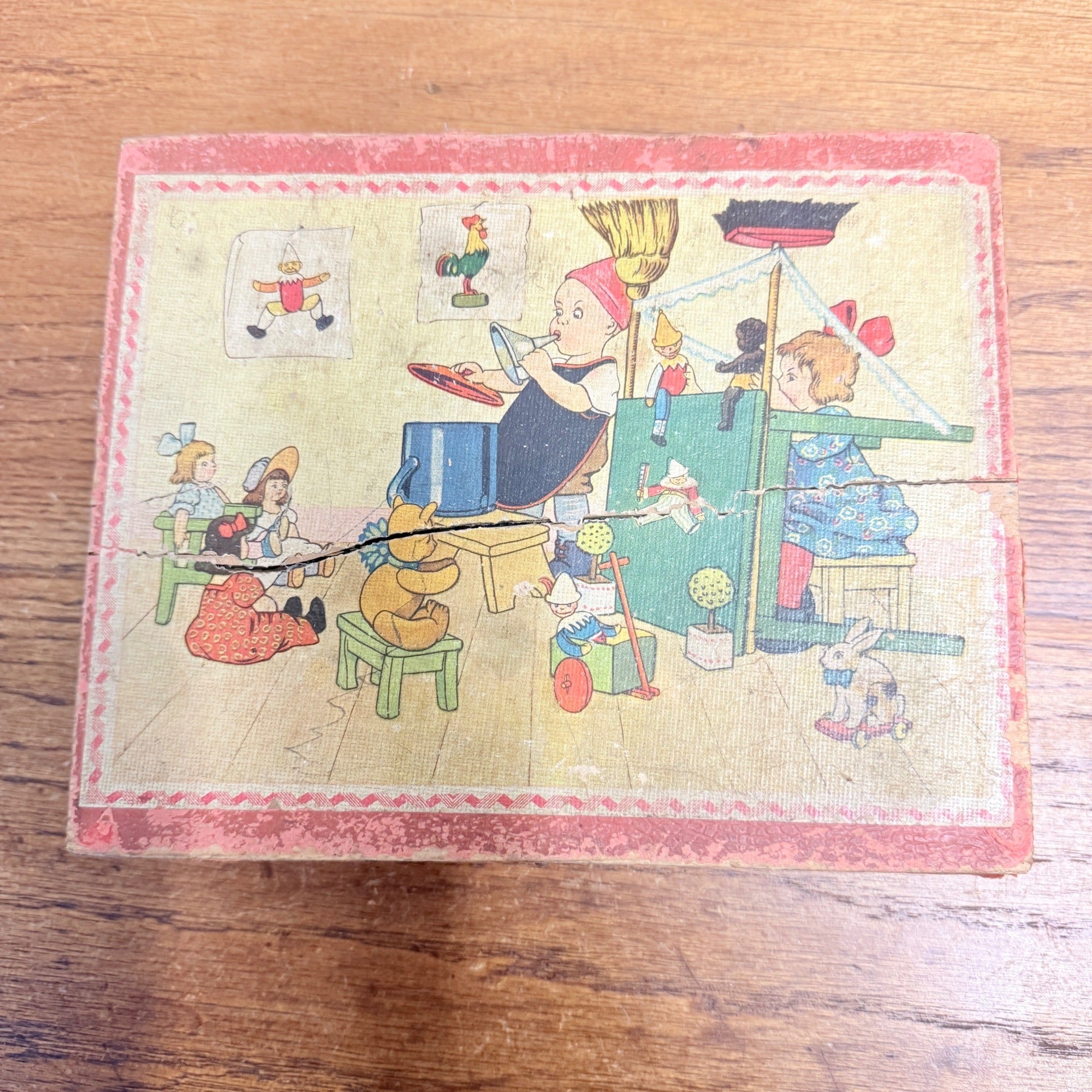 Antique Victorian Lithograph 6-View Picture Wooden Toy Blocks Puzzle in Wood Box