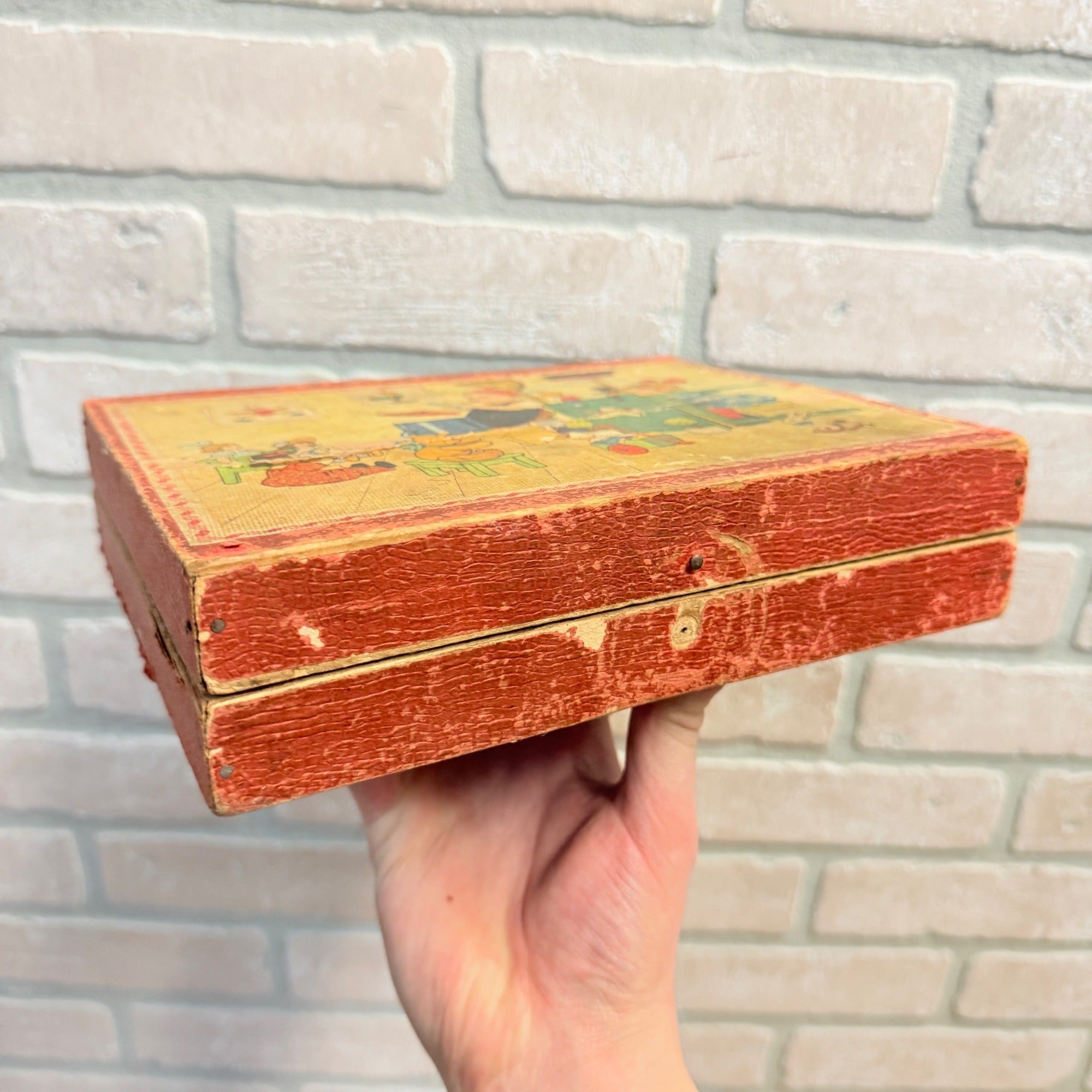 Antique Victorian Lithograph 6-View Picture Wooden Toy Blocks Puzzle in Wood Box