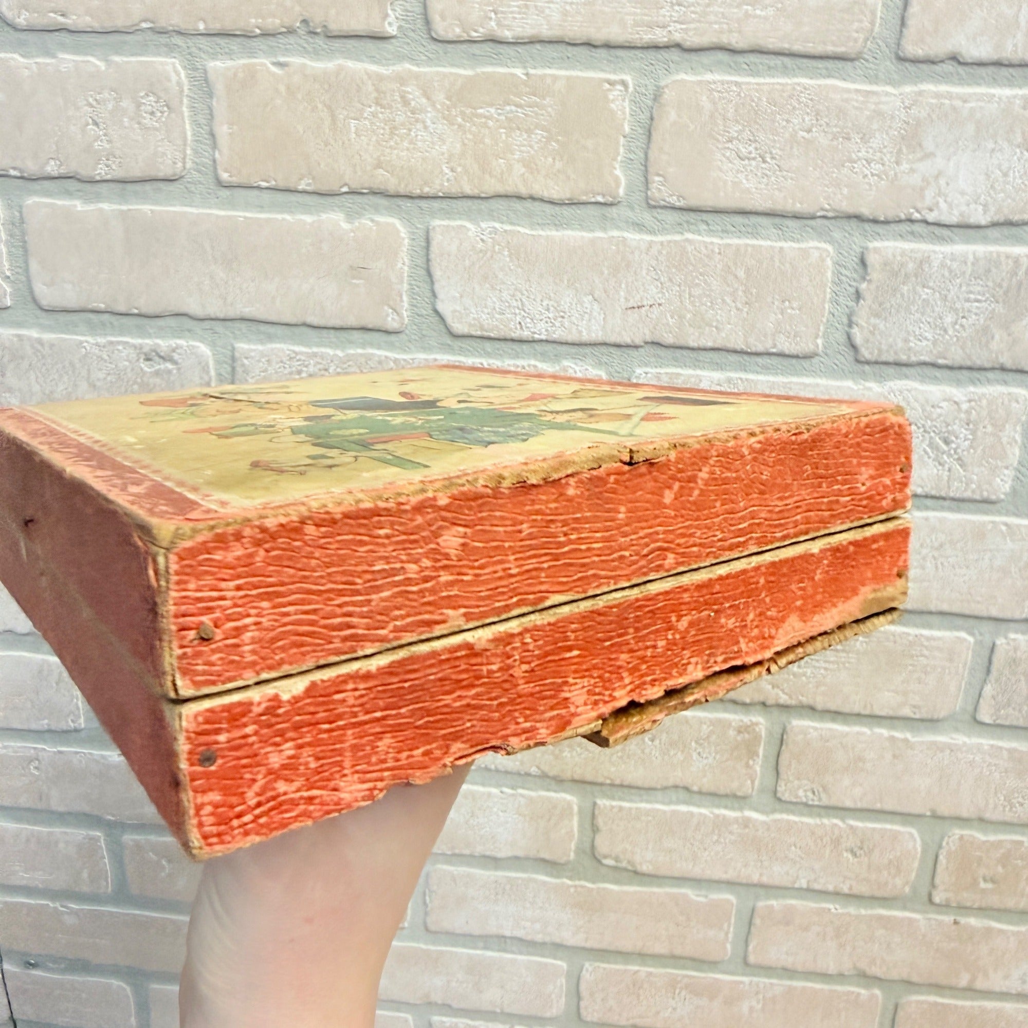 Antique Victorian Lithograph 6-View Picture Wooden Toy Blocks Puzzle in Wood Box