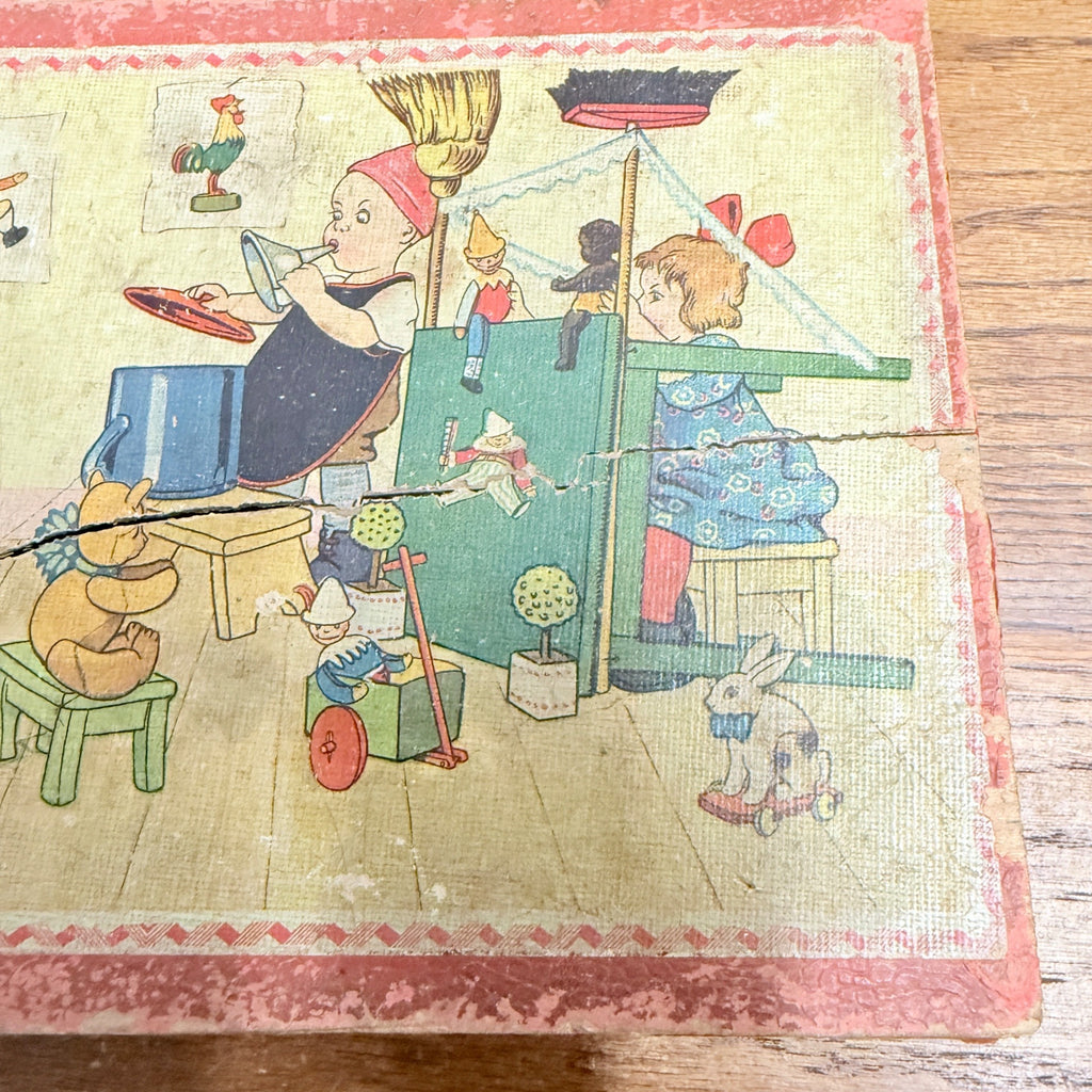 Antique Victorian Lithograph 6-View Picture Wooden Toy Blocks Puzzle in Wood Box