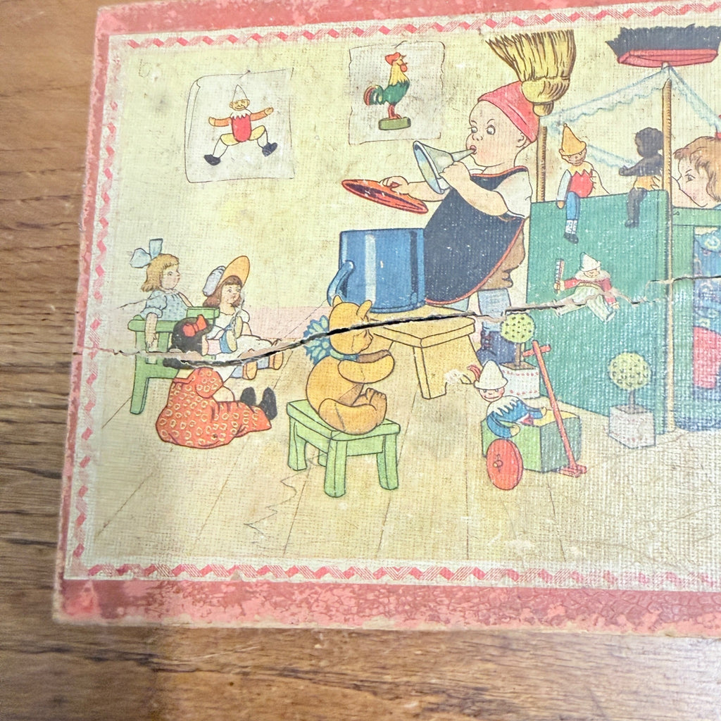Antique Victorian Lithograph 6-View Picture Wooden Toy Blocks Puzzle in Wood Box