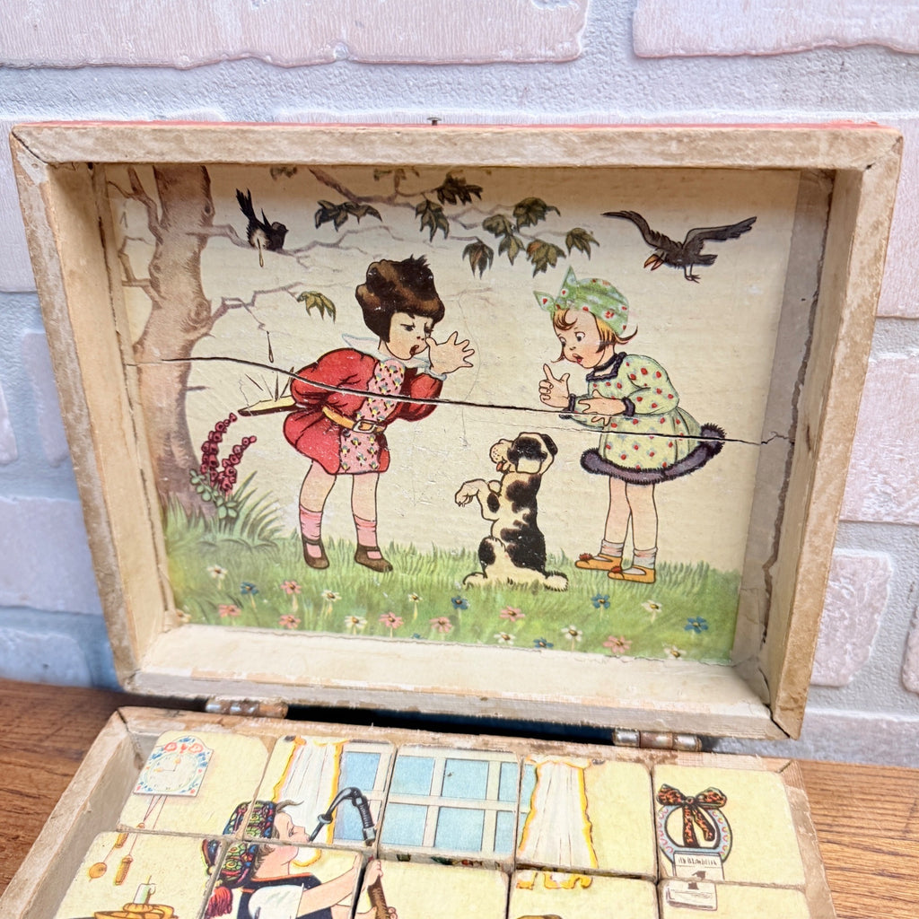 Antique Victorian Lithograph 6-View Picture Wooden Toy Blocks Puzzle in Wood Box