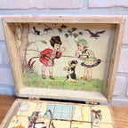 Antique Victorian Lithograph 6-View Picture Wooden Toy Blocks Puzzle in Wood Box