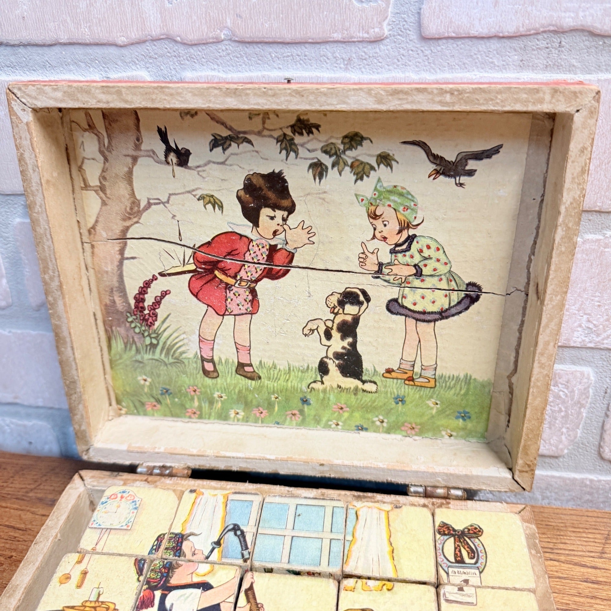 Antique Victorian Lithograph 6-View Picture Wooden Toy Blocks Puzzle in Wood Box