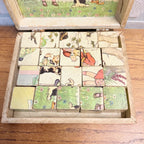Antique Victorian Lithograph 6-View Picture Wooden Toy Blocks Puzzle in Wood Box