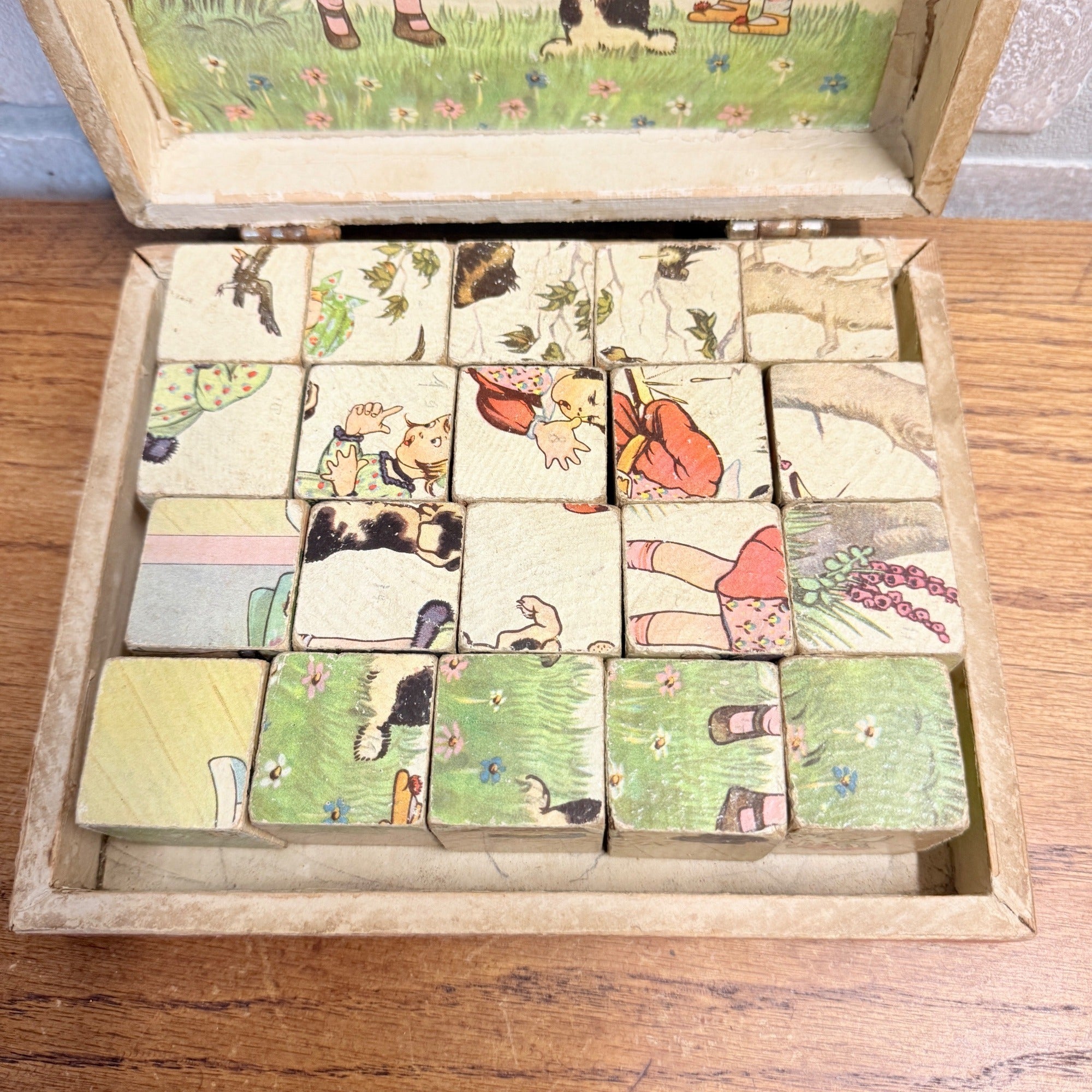 Antique Victorian Lithograph 6-View Picture Wooden Toy Blocks Puzzle in Wood Box