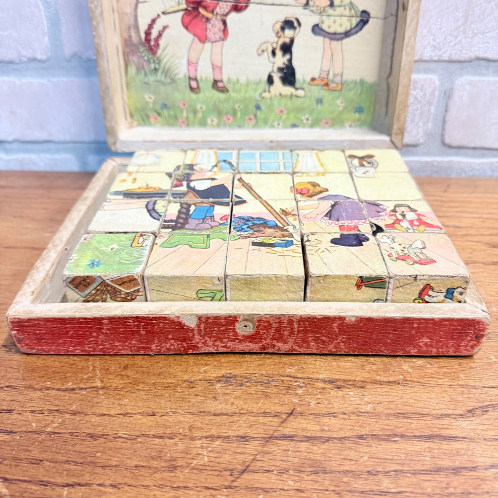 Antique Victorian Lithograph 6-View Picture Wooden Toy Blocks Puzzle in Wood Box