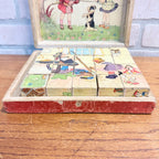 Antique Victorian Lithograph 6-View Picture Wooden Toy Blocks Puzzle in Wood Box
