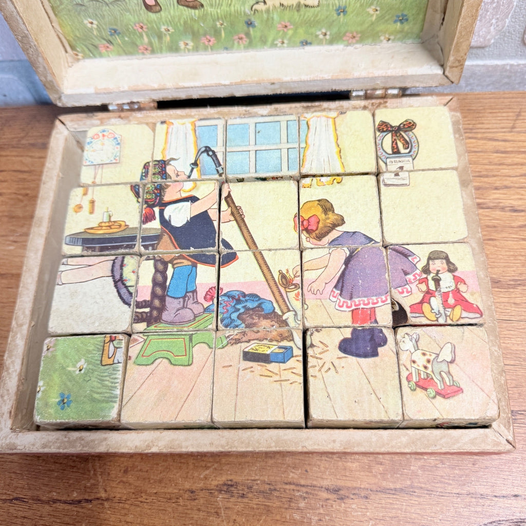 Antique Victorian Lithograph 6-View Picture Wooden Toy Blocks Puzzle in Wood Box