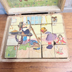 Antique Victorian Lithograph 6-View Picture Wooden Toy Blocks Puzzle in Wood Box