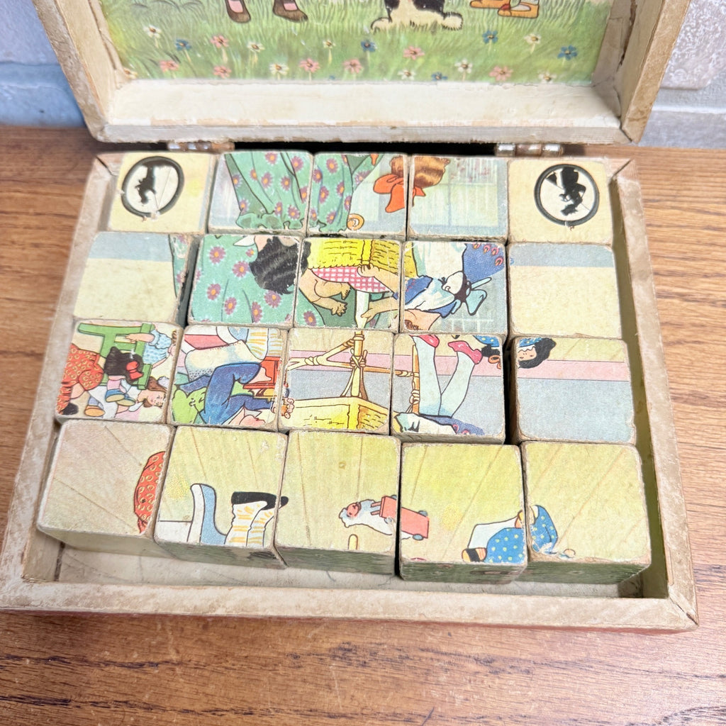 Antique Victorian Lithograph 6-View Picture Wooden Toy Blocks Puzzle in Wood Box