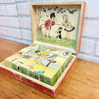 Antique Victorian Lithograph 6-View Picture Wooden Toy Blocks Puzzle in Wood Box