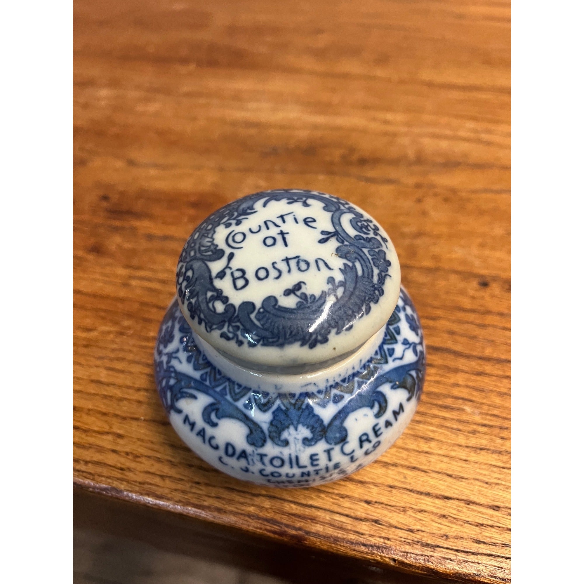 Antique 1800s Magda Toilet Cream Porcelain Jar CJ. Countie & Co Boston